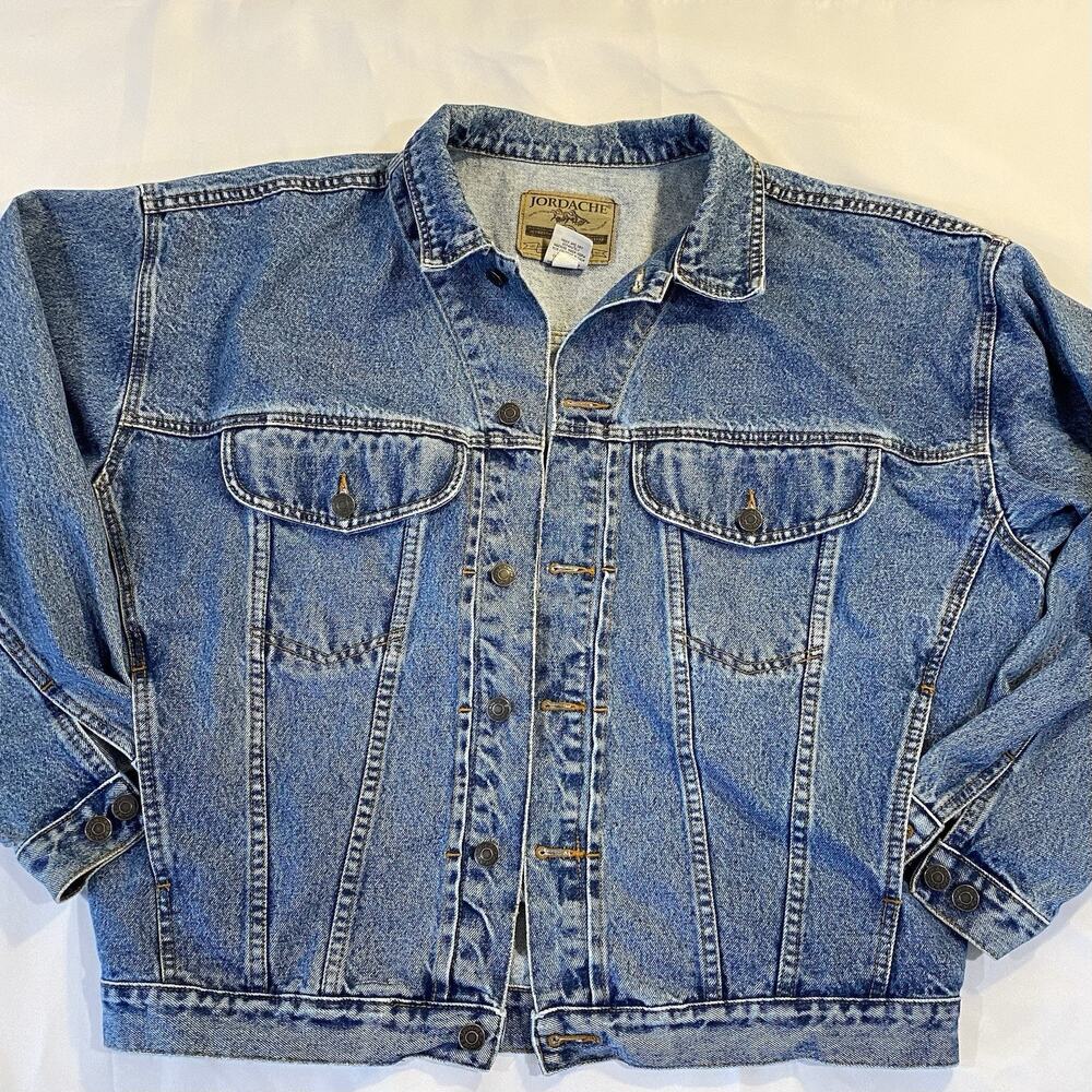 Mens Vintage Jordache Jacket Blue Denim Button Rancher Trucker Jean Coat 80's L